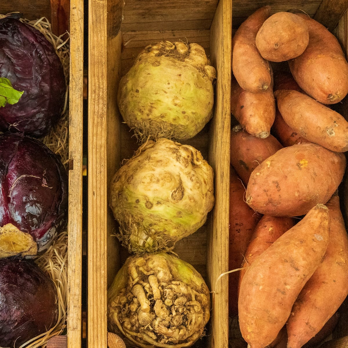 Rotkohl, Sellerie und Süßkartoffeln in Holzkisten
